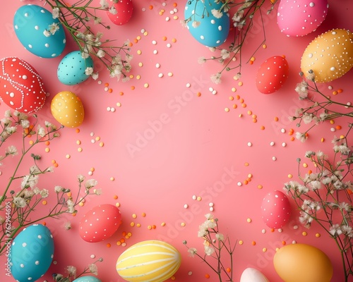 Easter  eggs bunny Top view of background colorfull, Generative AI photo