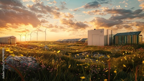 Battery energy storage system with wind turbines and solar fields.