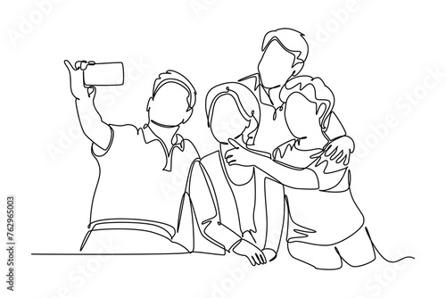Simple continuous line drawing icon Family gathering. Picture of a group of families gather and take photos together. Simple line. International Family minimalist concept.
