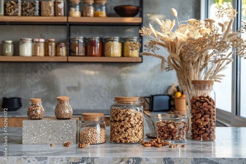 A modern kitchen shelf with neatly organized jars of dried goods and nuts, complemented by a vase of pampas grass for a homey touch.