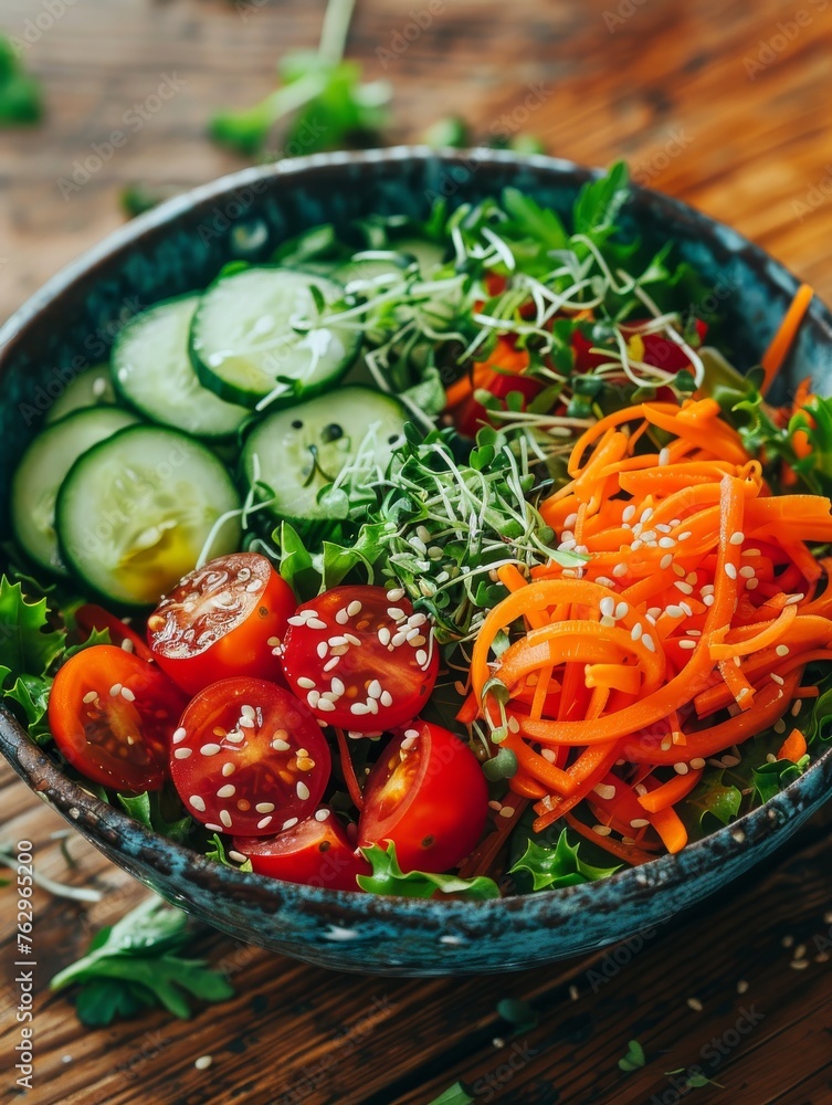 A handcrafted blue salad bowl filled with an assortment of fresh vegetables and microgreens, drizzled with a sesame seed topping.