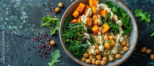 This bowl presents a satisfying mix of quinoa, chickpeas, roasted sweet potatoes, and kale, drizzled with a creamy dressing.