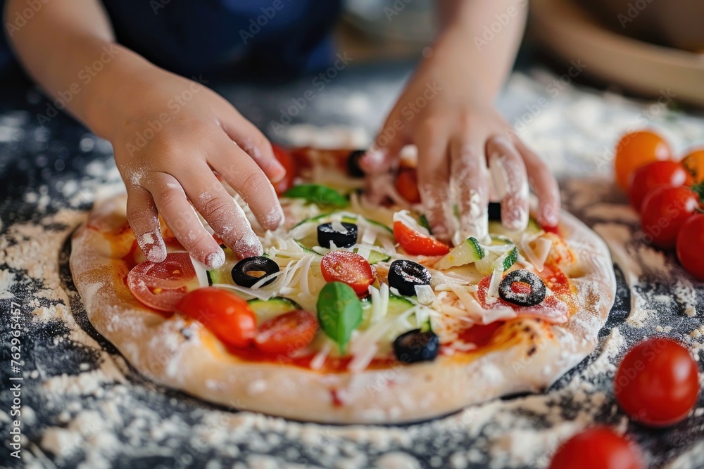 Child's hands topping a homemade pizza with fresh ingredients on a floured surface.