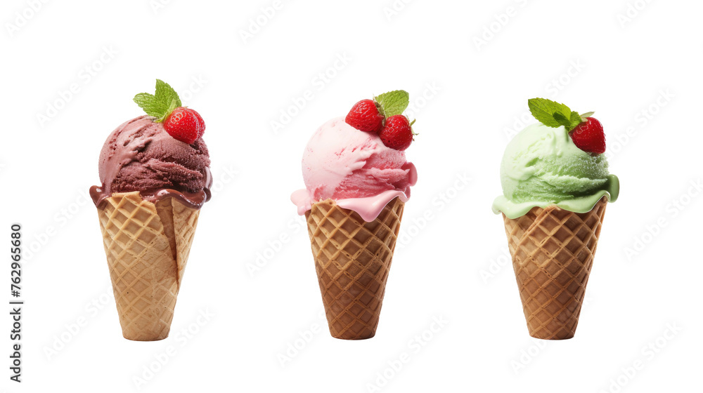 Three Cones of Ice Cream With Strawberries on Top. On a White or Clear Surface PNG Transparent Background.. Three Cones of Ice Cream With Strawberries on Top. On a White or Clear Surface PNG Transparent Background..