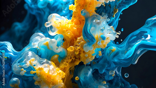 3d rendered abstract of underwater inks encapsulated within glass resin, pastel blue colour contrasted with rich yellow colour and highlighted with shimmering metallic gold inks background
