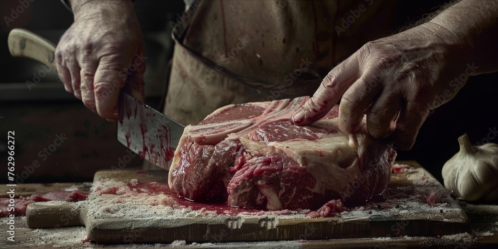 A butcher is cutting a piece of meat with a knife