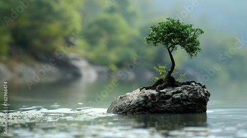 tree that fights for life on a rock in the middle of river