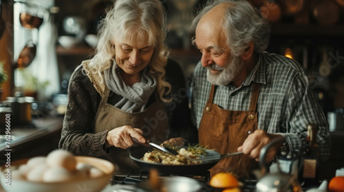 A man and woman are cooking together in a kitchen