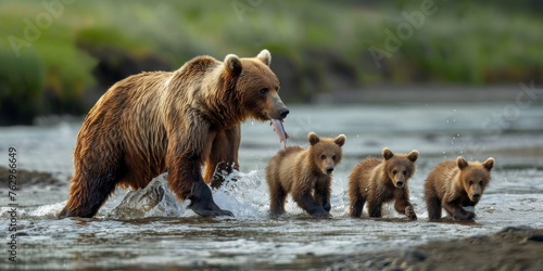 A mother bear and her cubs are playing in a river photo