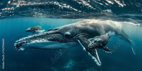 A whale is swimming in the ocean with its calf © xartproduction