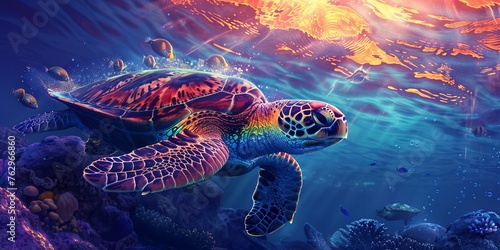 A turtle swimming in the ocean with many fish around it