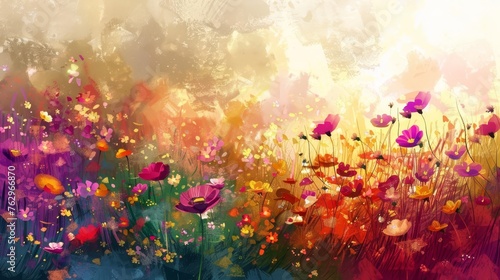 Colorful abstract flower meadow, digital illustration with painterly texture