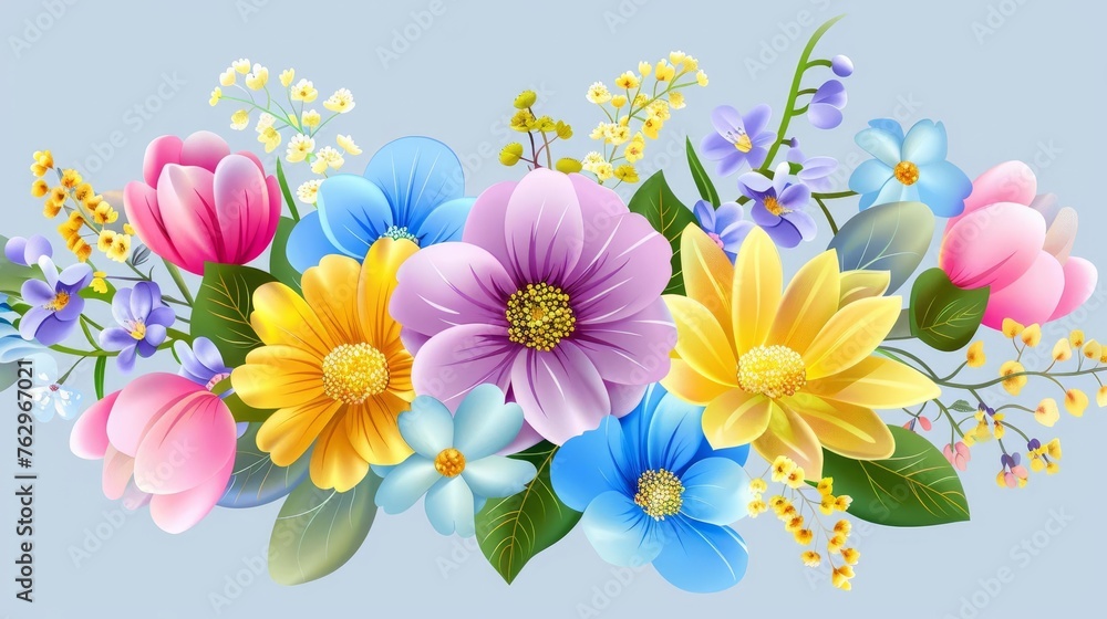 Colorful spring flower bouquet on transparent background, floral arrangement illustration