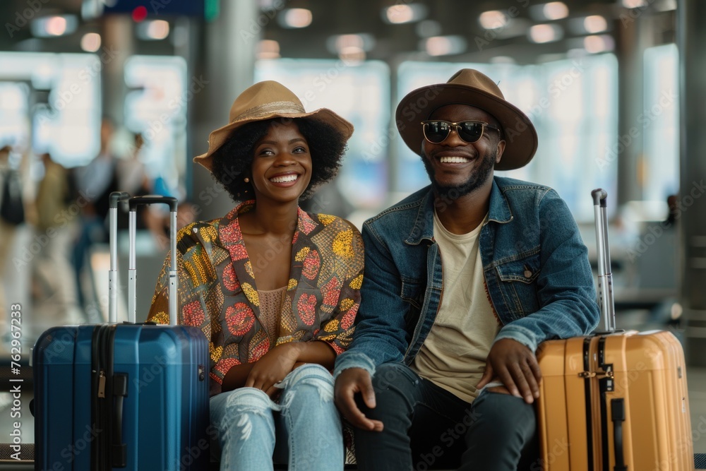 Young african american couple sitting on airport bench, smiling brightly with suitcases beside them. Lovebirds eagerly waiting for their flight, excited for upcoming travel adventures