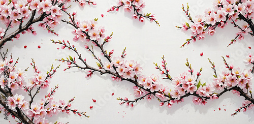 Sakura, Pink Cherry blossoms branches in full bloom, flowers and buds against a soft white background. Perfect for spring themes or celebrating the beauty of nature