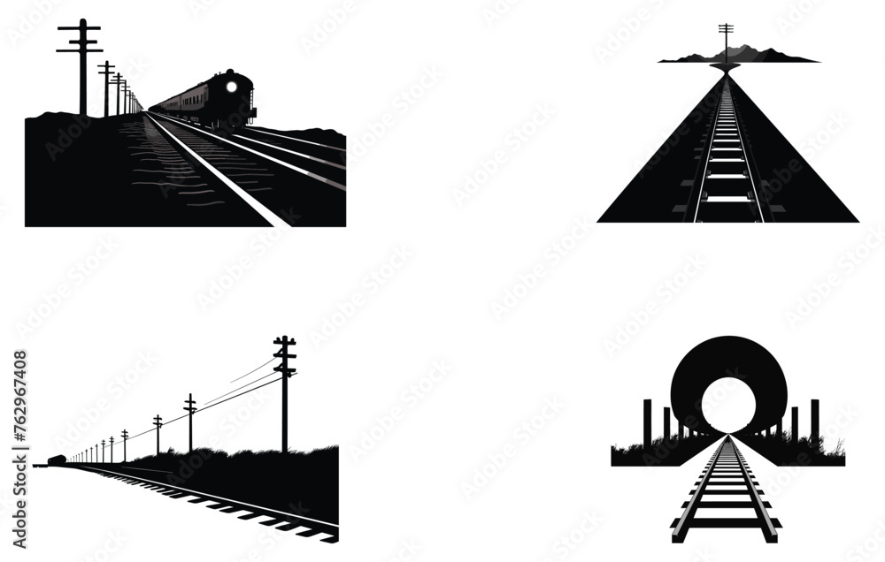 Perspective view railroad train pathes, Railroad vector silhouette