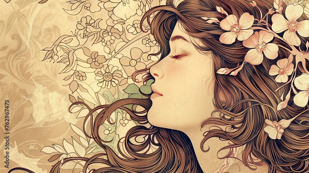 Elegant Art Nouveau Woman with Flowing Hair and Floral Ornaments Elegant Art Nouveau Woman with Flowing Hair and Floral Ornaments
