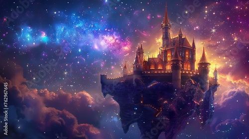 Enchanting Fairy Tale Castle Floating in Magical Starry Sky, Digital Painting