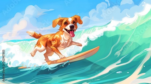 Funny dog surfing, digital cartoon illustration of animal summer fun
