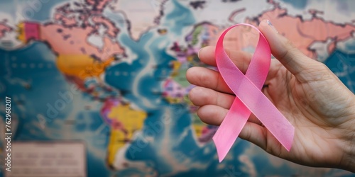 A pink ribbon is being held up in front of a map of the world