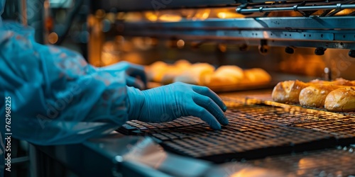 A person wearing blue gloves is working in a bakery