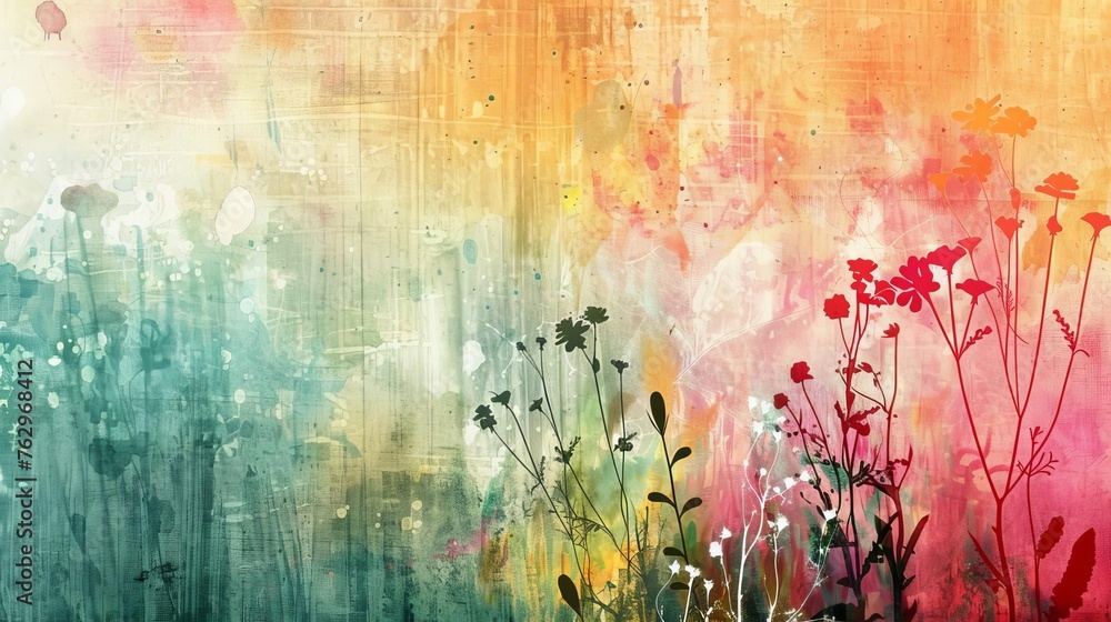 Grunge style colorful abstract art, paper texture, watercolor flowers and plants illustration