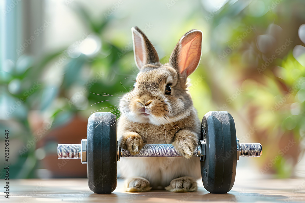 Cute Easter bunny working out with weights, suitable for Easter holiday greeting cards and social media posts. - obrazy, fototapety, plakaty 