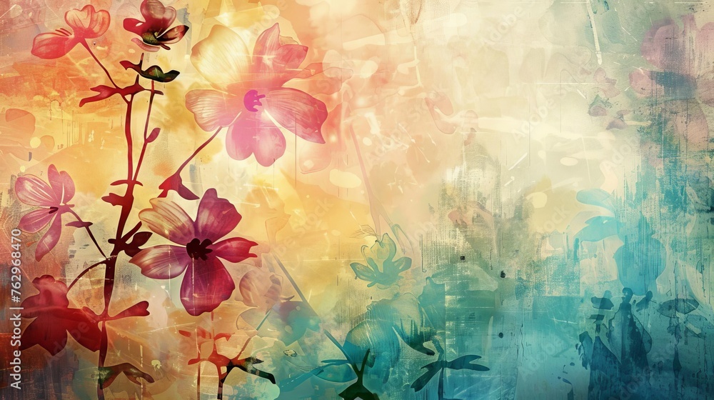 Grunge style colorful abstract floral art with paper texture, watercolor background illustration