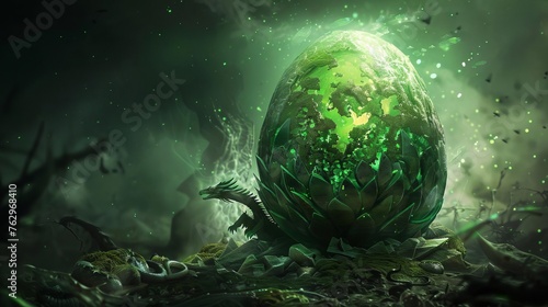 Green dragon egg, fantasy digital illustration on dark background