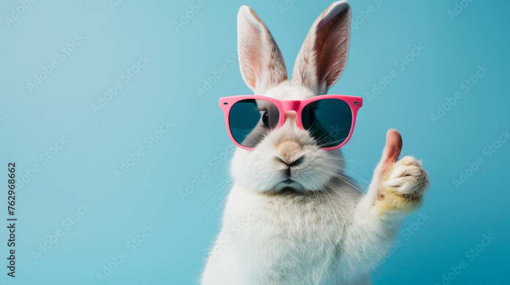 Cute easter rabbit with sunglasses, giving thumb up, isolated on blue background with copy space, greetings card design