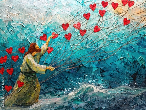 Jesus casting a net of hearts into the sea