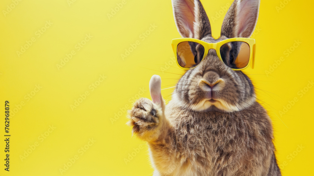 Cute easter rabbit with sunglasses, giving thumb up, isolated on yellow background with copy space, greetings card design