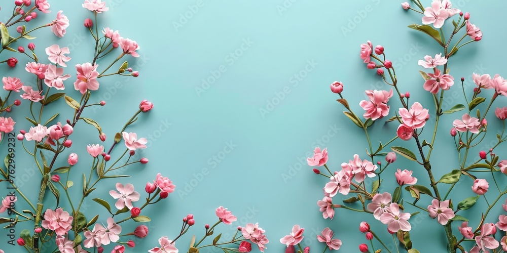 A blue background with pink flowers in the foreground