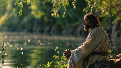 Jesus sitting by a serene lake photo