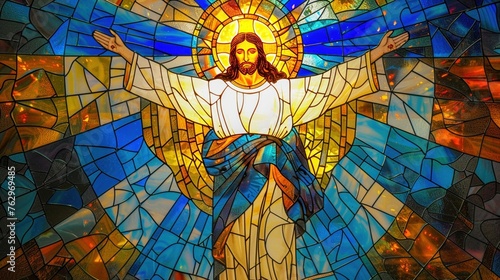 Stained glass art featuring Jesus with open arms heart radiating light