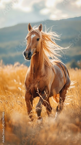 Brown Horse Running Through Dry Grass Field © Yana