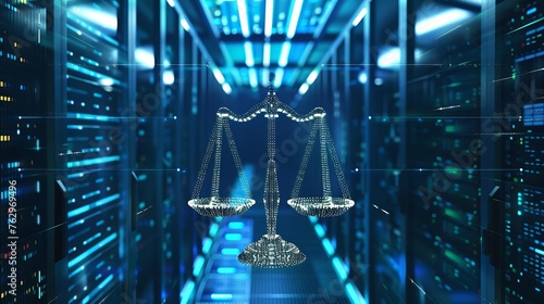 Law scales on data center background, digital transformation of justice concept