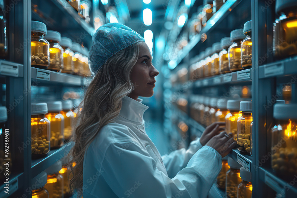A woman in a white lab coat is reaching for a bottle of pills