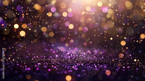 Luxury gold and purple glitter confetti on black, festive bokeh background illustration