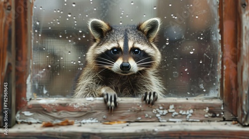 Curious Raccoon Watching Rain From Window