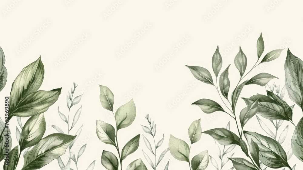 Minimal Botanical Illustration with Green Plants and Leaves, Pencil Sketch