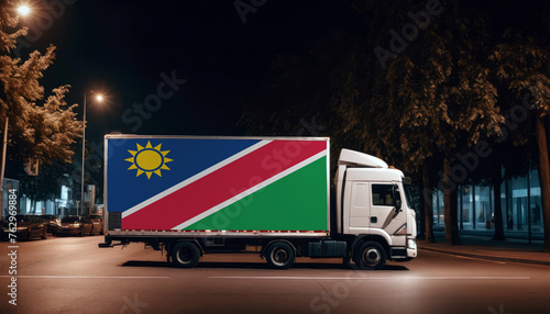 Namibia  flag on the back of white truck against the backdrop of the city. Truck  transport  freight transport. Freight and Logistics Concept