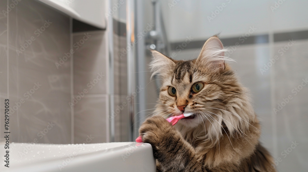 A whimsical illustration of a cat standing on its hind legs in a washroom, using a toothbrush to diligently brush its teeth, showcasing the charming and humorous antics of our feline friends. 