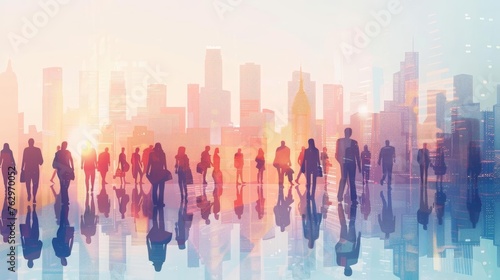 Network of people silhouettes, city skyline, business and technology concept illustration
