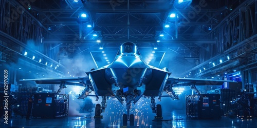 A jet is on display in a hangar with lights shining on it photo