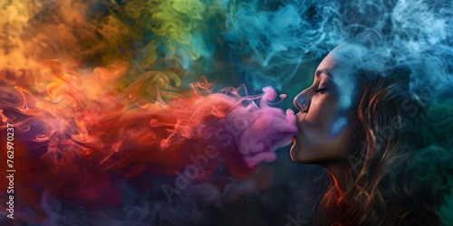 A woman is smoking a cigarette and the smoke is colorful