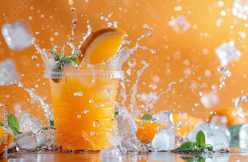 Visually appealing image showcasing a refreshing plastic glass of orange juice. The beverage is set against a yellow backdrop. This vibrant image is perfect for representing summertime, healthy
