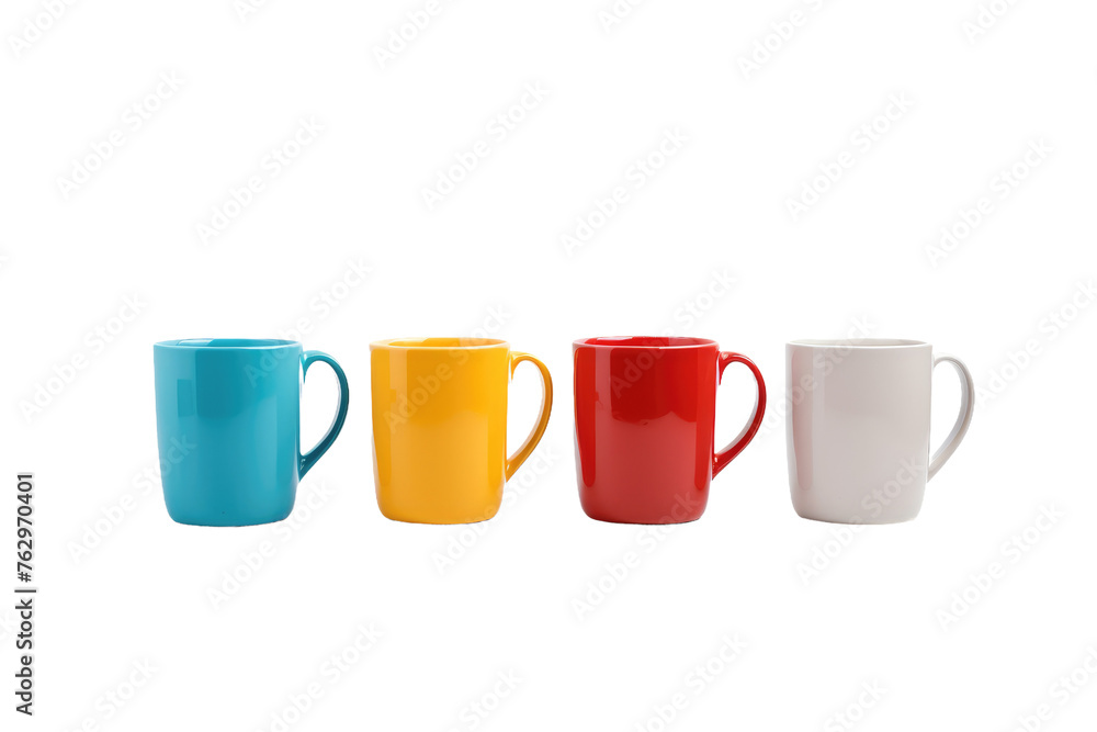 Four Different Colored Coffee Mugs Lined Up in a Row. On a White or Clear Surface PNG Transparent Background.. Four Different Colored Coffee Mugs Lined Up in a Row. On a White or Clear Surface PNG Transparent Background..