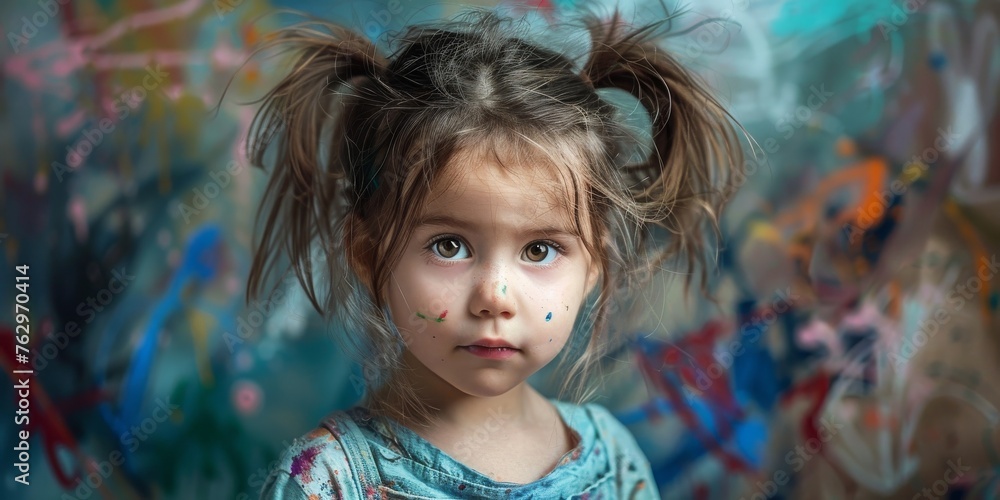 A young girl stands in front of a wall covered in paint. A young girl stands in front of a wall covered in paint.