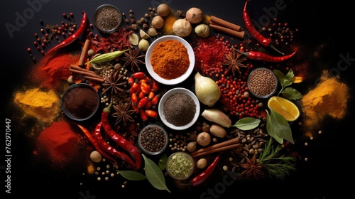 Spice Spectrum Symphony - An array of exotic spices artistically displayed